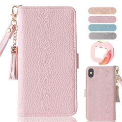 新品 iphone X iphoneXS 対応 手帳型ケース マグネット式 ストラップ付き 薄型 全面保護 ミラー付き 財布型 かわいい おしゃれ[ピンク]