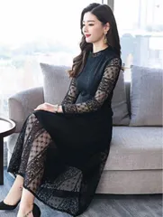 高品質✨結婚式♡パーティドレス　レース　ロングドレス　ワンピース（ブラック） M
