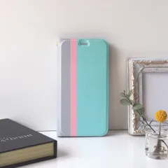 トリコカラー手帳型iPhoneケース①【ミント×ピンクー×グレー】