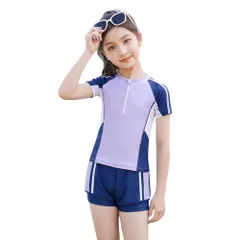☆ パープル ☆ 3XL ☆ 女の子 水着 pk0116 ジュニア 水着 女の子 セパレート 半袖 半ズボン ハーフパンツ ラッシュガード 上下 トップス ゴーグル スイムキャップ 水泳帽 紫外線対策 日焼け対策 可愛い かわいい プール 海 川遊び