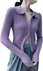Four leaf おしゃれ ニット トップス カーディガン セーター カットソー レディース ジップアップ 長袖 襟付き セクシー 無地 服 リブニット リブ編み ジップカーディガン ニットカーディガン(パープル,  Free Size)