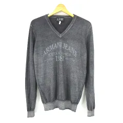 アルマーニ ジーンズ ARMANI JEANS アーチロゴ Vネック ウール ニット セーター グレー USA Mのサムネイル