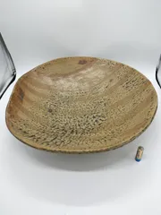 花器 大皿 円形 黄土色 帯斑模様 大型 花台 窯  池坊 フラワーベース 水盤 華道具 花瓶 変形 シンプル 生花 華道 磁器 手作り アンティーク レア レトロ インテリア ビンテージ 昭和 24428四つ葉[YT00448]