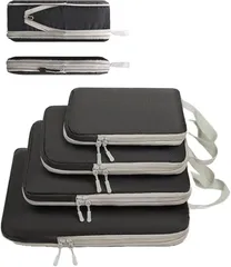 GRHONC 旅行用圧縮袋 トラベルポーチ 4点セット スペース約60％節約 2way 撥水加工 軽量 大容量 衣類 仕分け メッシュ ダブルファスナー(ブラック)