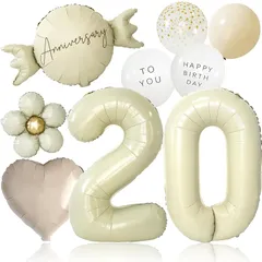 【新品】 deerzon くすみホワイト 20歳 くすみカラー 数字 バルーン 誕生日 飾り付け 10点 セット 大きい 65cm くすみ ニュアンスカラー ナンバーバルーン バースデー 0