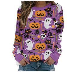Tシャツ レディース クルーネック 丸ネック ハロウィン カボチャ ゴースト コーモり 面白い 長袖 トップス カジュアル オシャレ 春 秋 春服 秋服 パーティー カーニバル min#