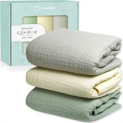 [SORONSO] イブルガーゼ バスタオル 素肌もてなす ガーゼバスタオル ワンタッチ吸水 6重ガーゼ くすみカラー (グレー きなり グリーン バスタオル (３枚組))
