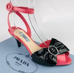新品未使用★PRADA・プラダ レディース パテントレザー ビックリボンデザイン アンクルストラップ サンダル (38) ブランド イタリア製 レディース 靴 ピンク ブラック