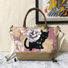 ★訳あり特価品(現品限り) 2WAY猫柄ミニトートバッグ 黒猫と牡丹 ピンク&ブラウン ハンドメイド メンズ レディース ハンドバッグ