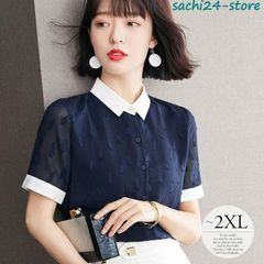 ブラウス トップス シャツ Tシャツ レディース 夏 大きいサイズ 半袖 襟付き ボタン 前開き 上品 きれいめ 透け感 合わせやすい ホワイト ネイビー 可愛い 清楚