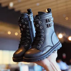☆ ブラック ☆ 29(18cm) ☆ キッズ ブーツ pkboots1201 キッズ ブーツ 女の子 マーティンブーツ ショートブーツ ショート ショート丈 レースアップブーツ ハーフブーツ 子供ブーツ ひも 紐 ベルト 編み上げ ローヒール ラウンドトゥ