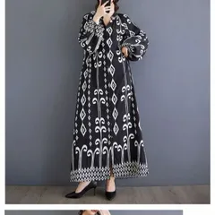 【新品】モード系大きいサイズレディース　長袖、幾何学模様のシャツワンピース　春夏秋黒