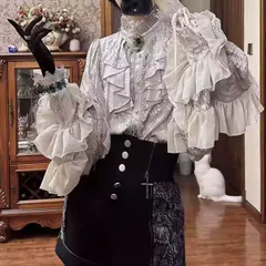 新作 暗黒系ゴシック 姫袖ブラウス 蝙蝠袖フリルシャツ ゆったりシルエット ロリータ風 月牙銀・白・生成色・黒・赤 S～XL コスプレ 万聖節 イベント