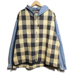 90's USA製 BONHOMME デニム切替 コットン フード ネルシャツ (XL) 黄色×黒 バッファローチェック パーカー 90年代 アメリカ製 オールド　アメリカ古着 USED  ビンテージ ヴィンテージ