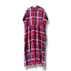 nop de nod ノップドゥノッド チェック柄 フレンチスリーブ プルオーバー リネンシャツワンピース ワイドシルエット フレア  麻 レディース サイズS レッド系 夏 久喜倉庫店 K735Y