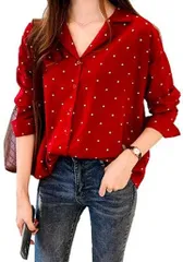 ネクストグランツ 長袖 ブラウス シャツ ドット シフォン とろみ Vネック( レッド,  L)