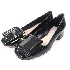 極美品★Miu Miu ミュウ ミュウ バックルデザイン スクエアトゥ パテントレザー パンプス ブラック 36 イタリア製 レディース