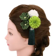 髪飾り 成人式 つまみ細工 振袖 前撮り 袴 浴衣 夏祭り 花火大会 豪華4点セット 緑 渋緑 黄緑 白 ちりめん 房 かんざし おしゃ No.9-3734