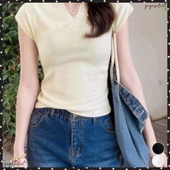 サマーニット フレンチスリーブ トップス レディース Vネック おしゃれ夏服 カジュアル スリムフィットニットソー 無地 細身ニットTシャツ 薄手タイト夏トップス ベーシック ニット フレンチ袖ニット お洒落 ニットソー