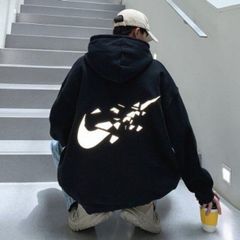 韓国 メンズ 秋冬 光る ロゴ フード パーカー 長袖 ブラック 大人気