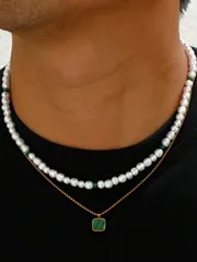 ジュエリー メンズ ネックレス セット バロック調パール&ターコイズペンダントネックレスセット 2個入り ステンレススチールチェーン付き、男性の日常、ビジネス、パーティーアクセサリーに適しています(バロックパールの