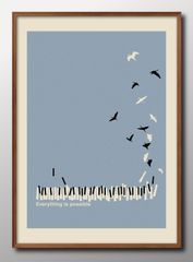 14413 ポスター アート おしゃれ 絵画 インテリア ピアノ 鳥 バード 音符 音楽 A3サイズ 北欧 イラスト マット紙 艶消し アートパネル 額 フレーム デザイン 壁掛け