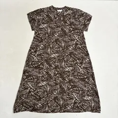 ◆ JEUNE MAMAN  ワンピース 総柄 膝丈  リーフ柄 半袖 フロントボタン 古着 レーヨン ブラウン サイズM レディース 0.24kg