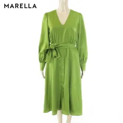 85%OFF 訳あり 新品 マレーラ MARELLA ワンピース 42 EOP1608 Lサイズ グリン レディース 長袖ワンピース ミディ丈 光沢 ヒモリボン付き