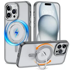 KMAMBNG iPhone 14 Pro Max 用 ケース 縦横両対応 リング 【多機能360度回転スタンド】MagSafe対応 ワイヤレス充電対応 半透明マット スマホケース 米軍規格 耐衝撃 カメラレンズ保護 車載ホルダー対応 6.7インチ アイフ 1