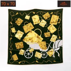 HERMES Kelly en Caleche カレ70 ケリーの馬車 黒×黄 シルク 箱付 エルメス ◆送料込◆質屋-10889
