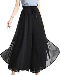 Elixio エリクシオ レディース パンツ ワイドパンツ ガウチョパンツ フレア ゆったり 薄手 きれいめ 夏 春 秋 オフィス デート 大きいサイズ フレアパンツ シフォン 通勤 春夏(ブラック,  S)