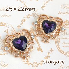 【 2個 】 25×22mm ハートセンターパーツ ストーン ビジュー バイオレット×ゴールドフレーム