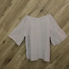 M1-01740【Women】ikka(イッカ) 七分袖 ブラウス (L) / 紫×白 ストライプ柄 G