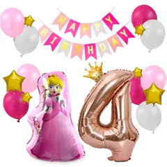 4歳用【新品】ピーチ姫とかわいくお誕生日をお祝いバースデーバルーンセット（19pc)　ピンク ゴールド スター バースデー ガーランド 風船ギフトお祝い こども  パーティ 飾り