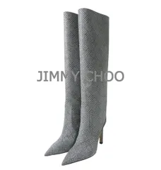 新品同様 JIMMY CHOO ジミーチュウ サイズ37.5 約24.5㎝ グレンチェック柄 グリッター ラメ レザー ポインテッドトゥ ハイヒール ピンヒール ロングブーツ ジョッキーブーツ 灰 グレー レディース