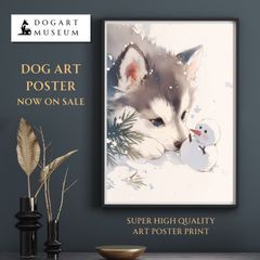 【雪犬戯舞 - シベリアンハスキー犬 No.1】ジークレー版画＊名入れOK！ クリスマス・冬・雪だるま・子犬・ペットロス・うちの子・記念日・アートポスター・犬の絵・犬のイラスト・ギフト・プレゼント