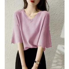 【ピンク★XLサイズ】 レディース 春秋　ニット フリル袖 T フレアスリーブ　ゆったり　体型カバー