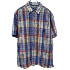 CHAPS 半袖 チェックシャツ L ブルー オレンジ ホワイト系 チャップス ボタン 胸ポケット ロゴ 刺繍 古着卸 アメリカ仕入 a703-6836