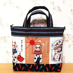 和柄横長トートバッグ まねき猫ことわざ日本語＆英語 早起きは三文の徳 A4サイズ入ります Dカン付き ハンドメイド