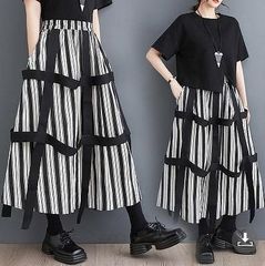 モード系  大きいサイズ レディース スカート　縞ワンピース  イベント衣装  外出 ウエストゴム　ストライプ　春夏 秋 新品