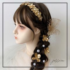 フラワーカチューシャ×ゴールド×パール×リボン髪飾り成人式卒業