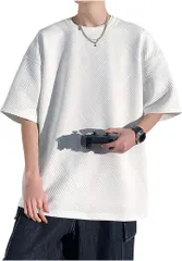 X-cross クロス ゆったりtシャツ 半袖 メンズ 大きめ 無地 透けない オーバーサイズ 五分袖 ポリエステル 丸首 おしゃれ カジュアル クルーネック ビッグ シルエット 韓国 かっこいい デザイン トップス(ホワイト,  L)