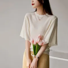 ニットTシャツ レディース トップス クルーネック ドルマンスリーブ 無地 カジュアル エレガント プルオーバー ブラウス リブニット 五分袖 薄手 柔らかい おしゃれ 大人 ティシャツ カットソー ストレッチ 上品 きれいめ 通勤 春夏秋 R10123