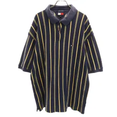 TOMMY HILFIGER トミーヒルフィガー 90s オールド フラッグタグ ストライプ柄 半袖 ポロシャツ XXL ネイビー系 鹿の子地 ビックサイズ メンズ 古着