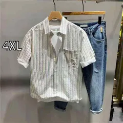 [4XL]春 コーデ メンズ 用 服 シンプル ファッション オシャレ 大人 かっこいい 大きいサイズ ストリート 紳士服  ストライプ 五分袖 シャツ アメカジ シャツ ジャケット 