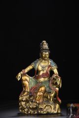From an old family collection: Copper, gilded, painted statue of Suigetsu Kannon (Water Moon Avalokiteshvara), Buddhist statue, religious, Buddhist art, memorial item, antique art collector, yyo JJ313P098