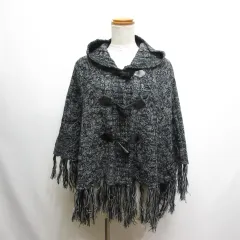 セシルマクビー CECIL McBEE フード付き ニット フリンジ ポンチョ M 黒 ブラックのサムネイル