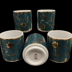 青九谷　酒器　アンティーク 九谷焼 青九谷 玉峰作 花柄 六角瓢型徳利2本＆六角猪口5客 酒器