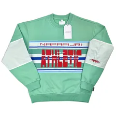 NAPAPIJRI ナパピリ レトロ ボーダー ロゴ オーバー サイズ ビッグ スウェット ワイド ルーズ フィット トレーナー 80年代 90年代 ビンテージ アウトドア イタリア スポーツ ファッション 裏起毛 パステルカラー ライト ブルー グリーン S