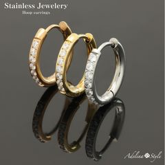 【ジルコニアフープピアス 色:ゴールド 幅2.5×内径10mm】[Adelina Style] フープピアス 人気 幅2.5mm つけっぱなし ラインストーン キュービックジルコニア 18G 1ペア メンズ レディース リング ピアス サージカルステンレス